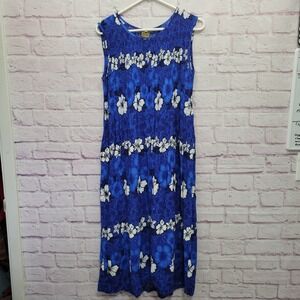 INGEAR Hibiscus Smocked Hawaiian Midi Dress Sz S Tropical Floral Muumuu Summer